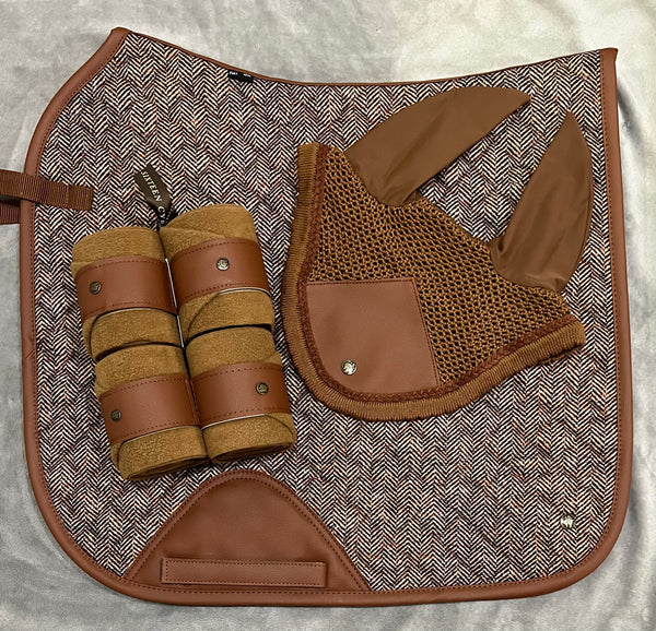 16C (Sixteen Cypress) Set - Dressage Saddle Pad/Fleece Bandages/Fly Veil - Herringbone, Camel & Cognac